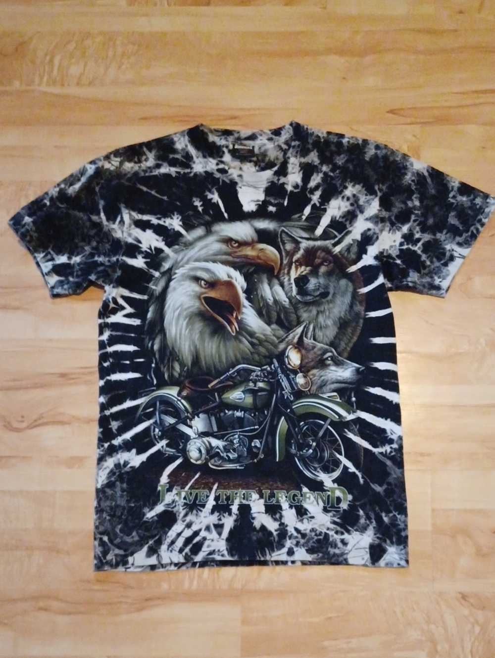 Black Tie-Dye Graphic Eagle & Wolf Motorcycle T-Shirt